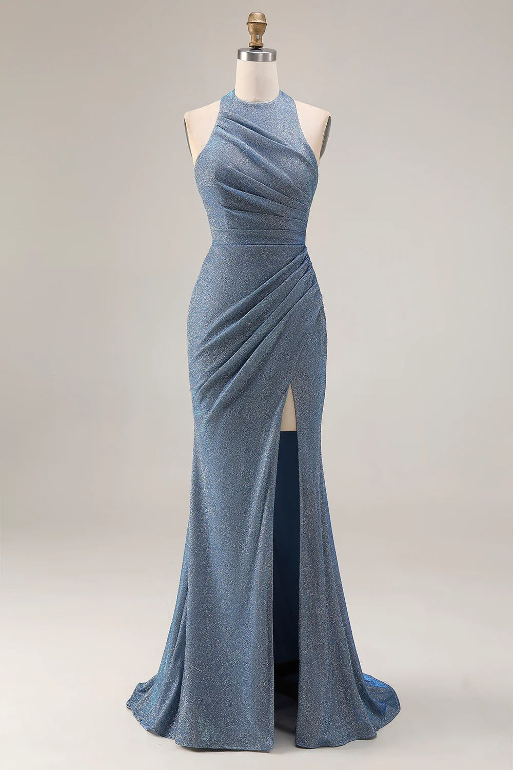 HEULORIA Shimmering Dusty Blue Halter Neck Ruched Evening Gown with High Slit ED-519