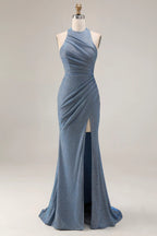 HEULORIA Shimmering Dusty Blue Halter Neck Ruched Evening Gown with High Slit ED-519