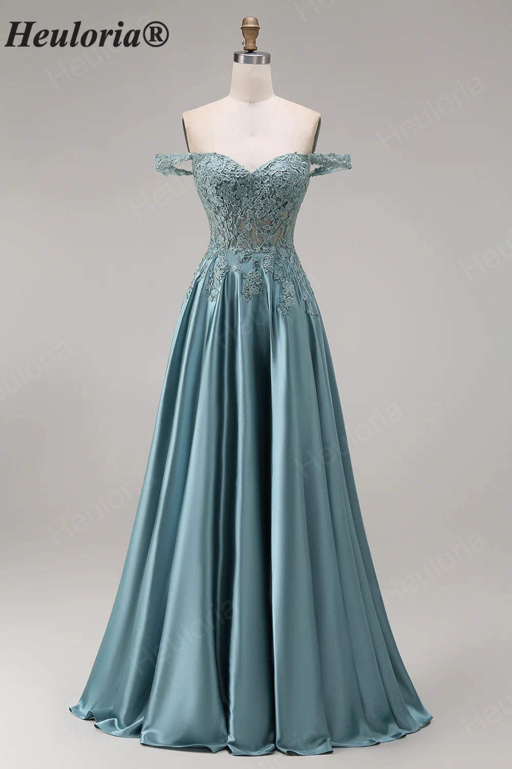Heuloria Off-the-Shoulder Illusion Lace Bodice Satin A-Line Evening Gown ED-501