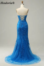 HEULORIA Elegant Strapless Sweetheart Floral Lace Mermaid Evening Gown with Corset Back ED-367