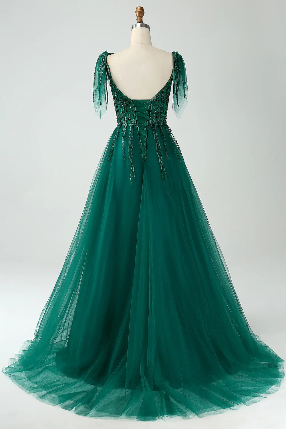 HEULORIA Ethereal Dark Green Beaded Tulle Prom Dress - Sweetheart Neckline & Whimsical Tie-Sleeves ED-344