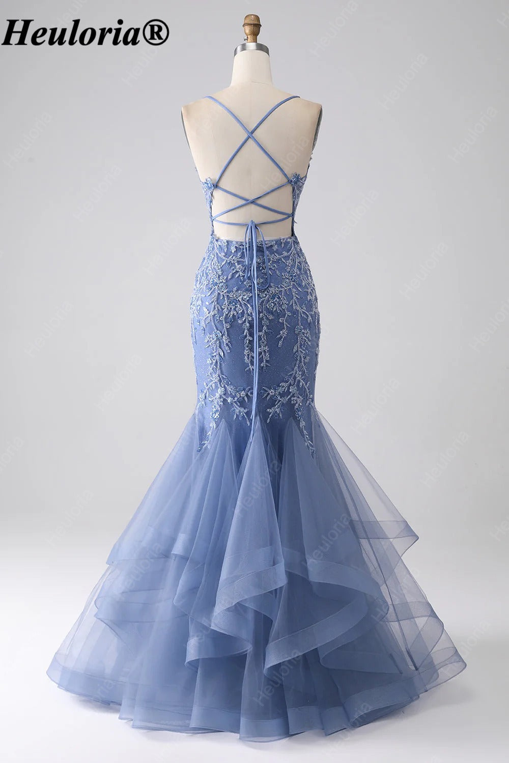 HEULORIA Dusty Blue Lace Mermaid Prom Dress with Tiered Tulle Skirt ED-346