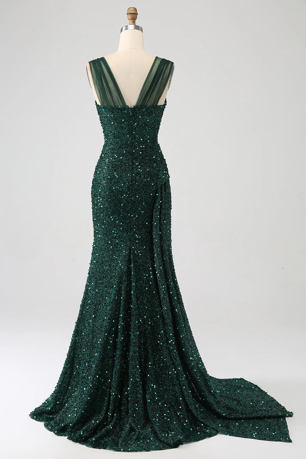 HEULORIA Glamorous Emerald Green Sequin High Slit Evening Gown with Ruched Bodice ED-373