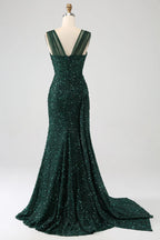 HEULORIA Glamorous Emerald Green Sequin High Slit Evening Gown with Ruched Bodice ED-373