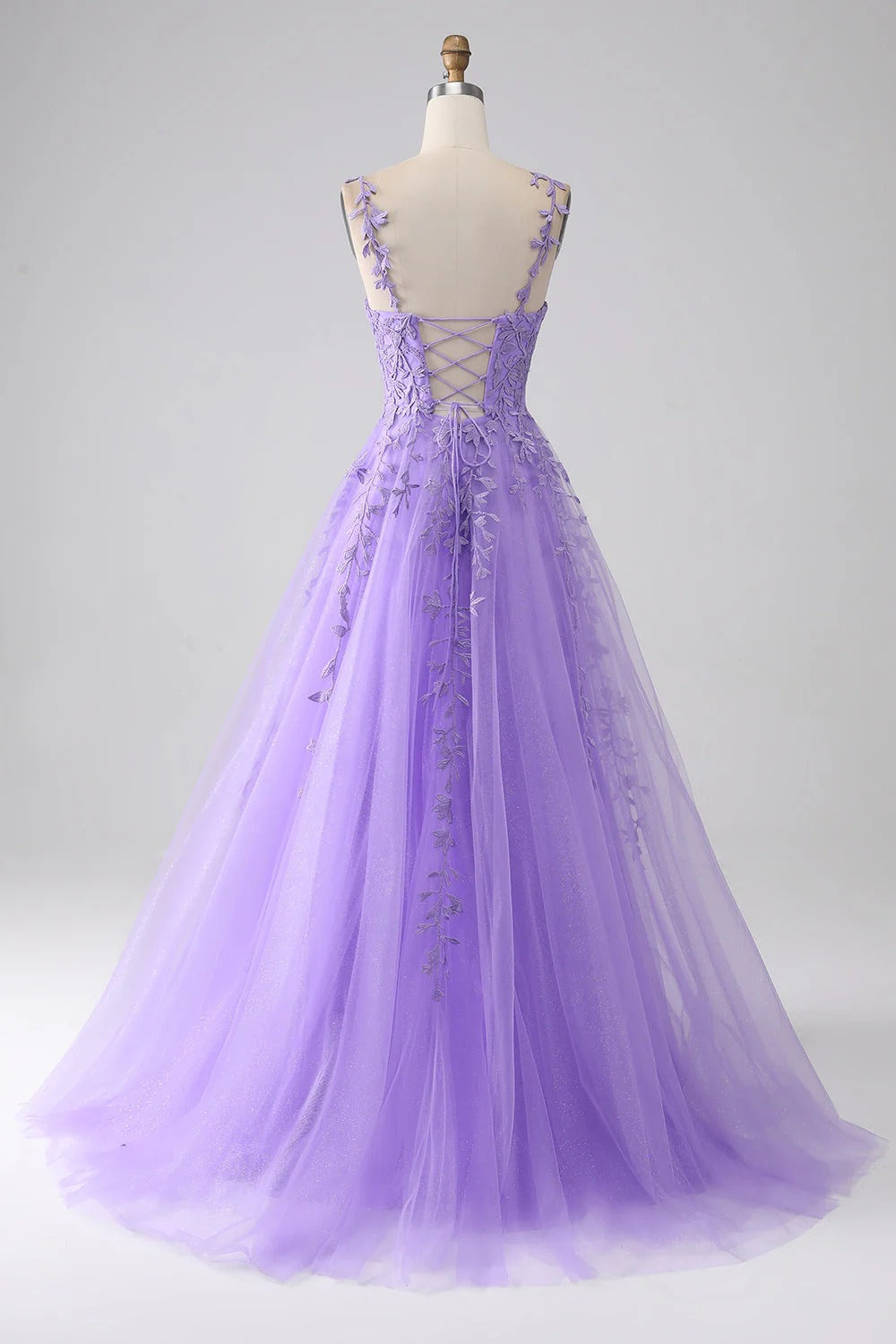 HEULORIA Sparkly Lilac V-Neck Lace Prom Dress - Leafy Embroidery Straps & Corset Back ED-372