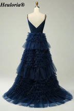 HEULORIA V-Neck Tiered Glitter Tulle Prom Dress with Spaghetti Straps ED-364