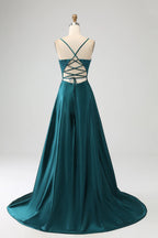 HEULORIA Peacock Green V-Neck Lace Applique Satin Prom Dress - Beaded Spaghetti Strap Lace-Up Evening Gown ED-345