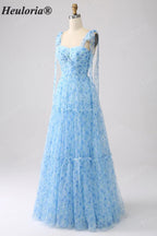 HEULORIA Ethereal Light Blue Floral Print Tiered Tulle Gown with Tie-Up Straps and Corset Back ED-659