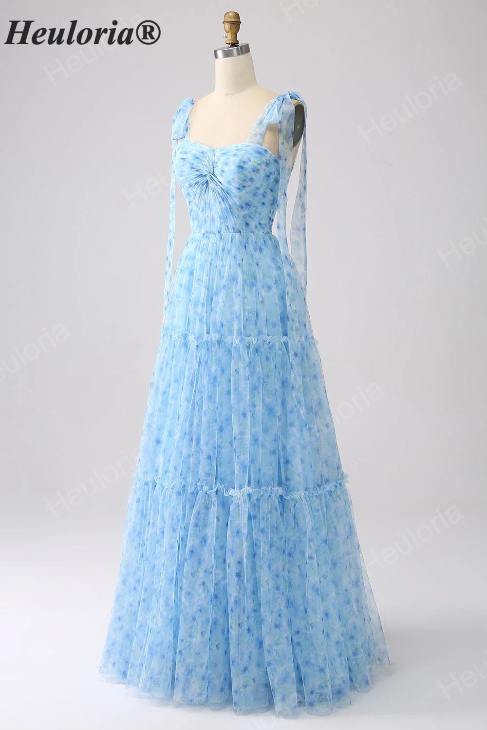 HEULORIA Ethereal Light Blue Floral Print Tiered Tulle Gown with Tie-Up Straps and Corset Back ED-659