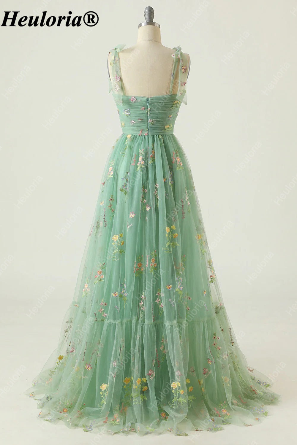heuloria Floral Embroidered Tulle A-Line Dress with Bow Straps ed-525