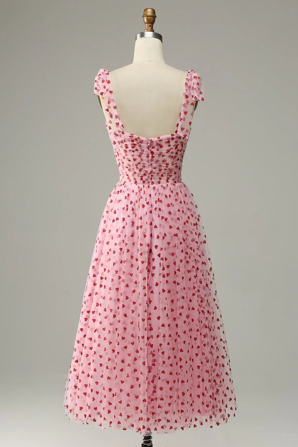 HEULORIA Romantic Pink Heart Print Tulle Midi Dress with Tie-Shoulder Bows ED-581