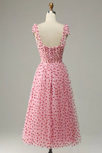 HEULORIA Romantic Pink Heart Print Tulle Midi Dress with Tie-Shoulder Bows ED-581