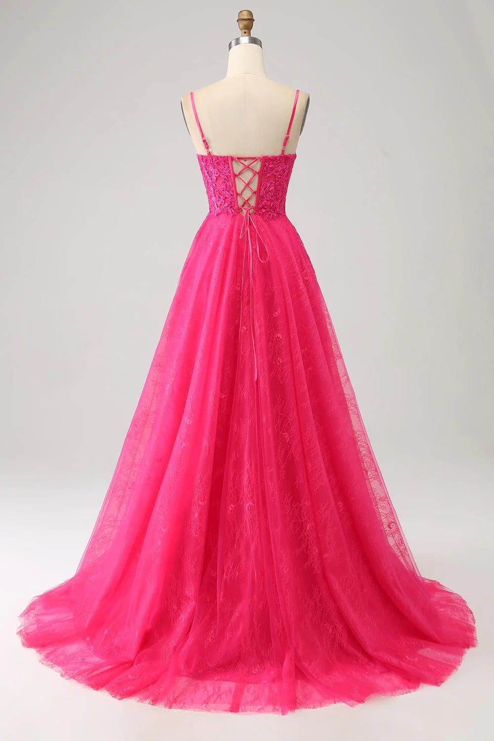 HEULORIA Vibrant Fuchsia Lace Prom Dress - Spaghetti Strap Bodice with High Slit & Corset Back ED-374