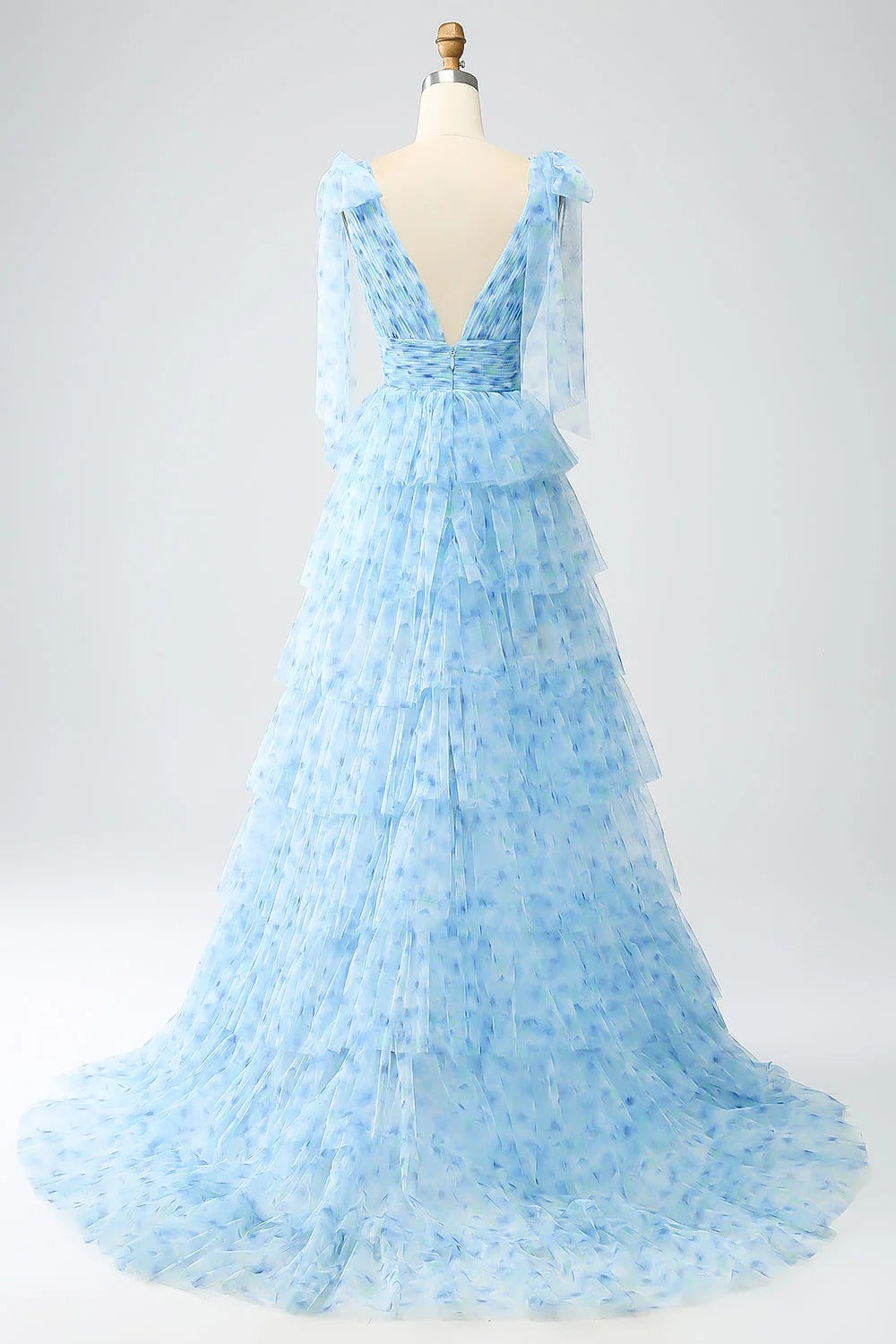HEULORIA Ethereal Light Blue Floral Print Tiered Tulle Evening Gown with Tie-Up Shoulders ED-580