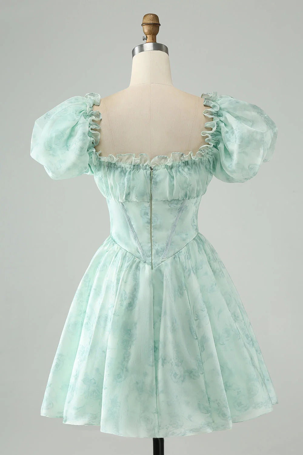 HEULORIA Romantic Floral Puff Sleeve Square Neck Mini Dress with Corset Waist ED-592