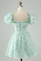 HEULORIA Romantic Floral Puff Sleeve Square Neck Mini Dress with Corset Waist ED-592
