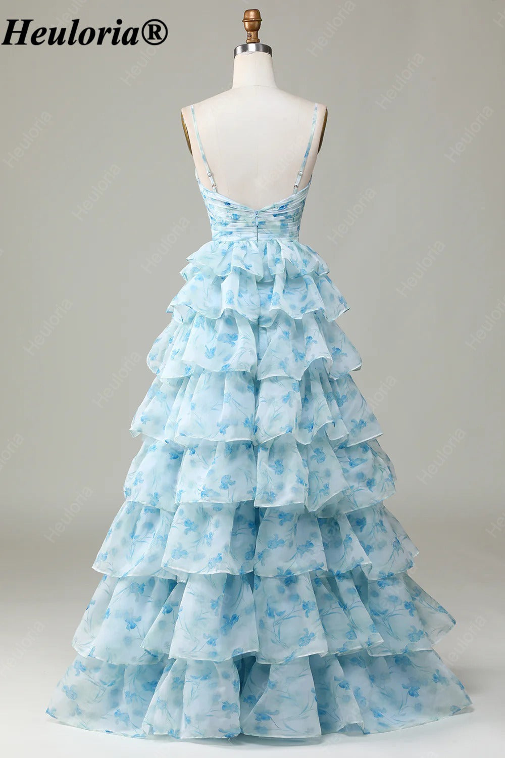 HEULORIA Blue Floral Tiered Prom Dress with Sweetheart Neckline and Cutout ED-368
