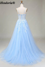 HEULORIA Sky Blue Lace Applique A-Line Tulle Prom Dress with Spaghetti Straps ED-348