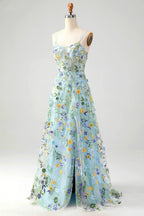 HEULORIA Enchanting Floral Embroidered Spaghetti Strap Prom Dress - Light Blue A-Line Gown with High Slit & Lace-up Back ED-591