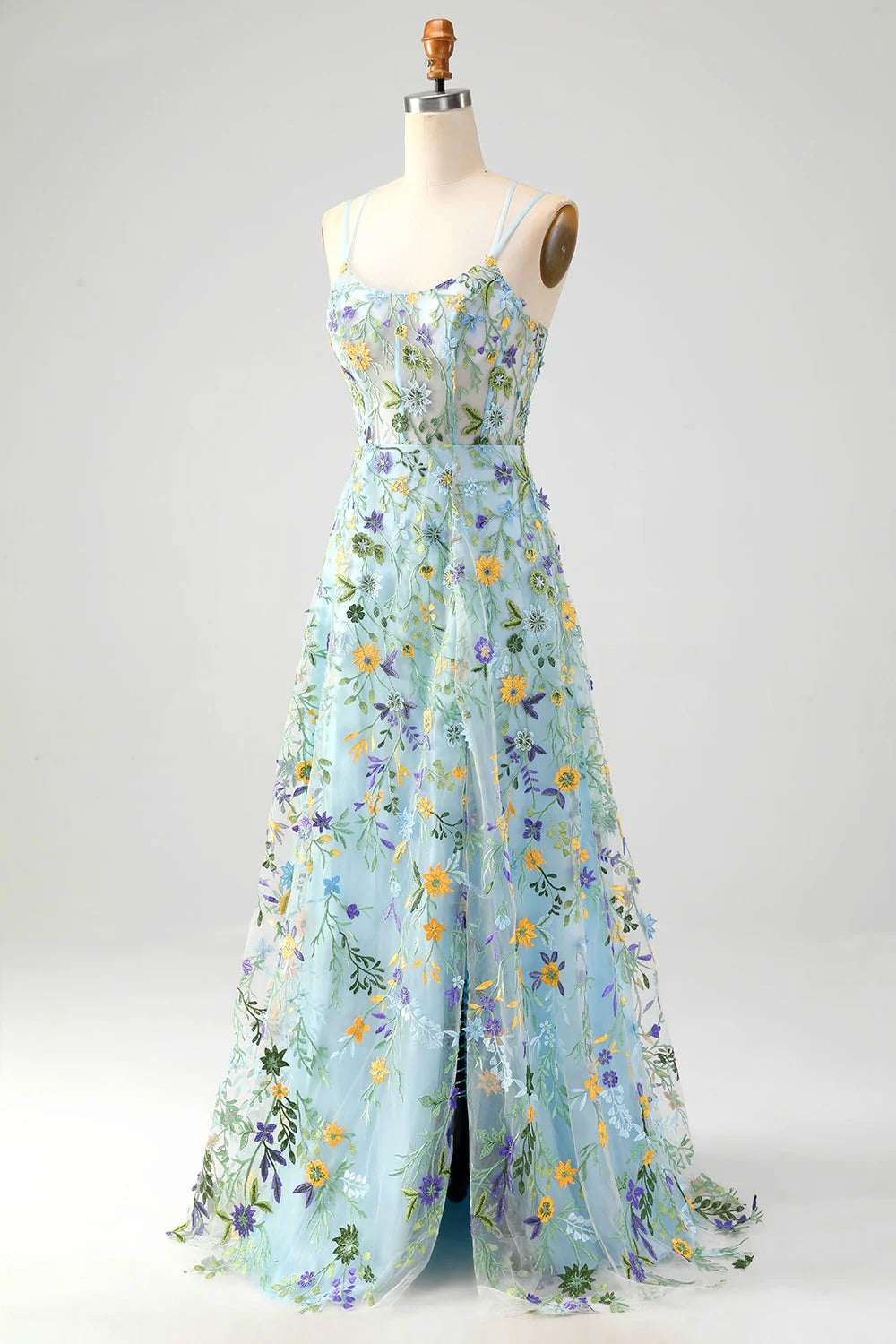 HEULORIA Enchanting Floral Embroidered Spaghetti Strap Prom Dress - Light Blue A-Line Gown with High Slit & Lace-up Back ED-591