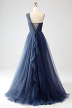HEULORIA Sparkling One-Shoulder Cascading Ruffle Tulle Prom Gown - Elegant Lace-Up Back Formal Dress ED-250