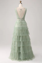 HEULORIA Sage Green Tiered Tulle V-Neck Evening Gown - Deep V-Back Formal Dress ED-267