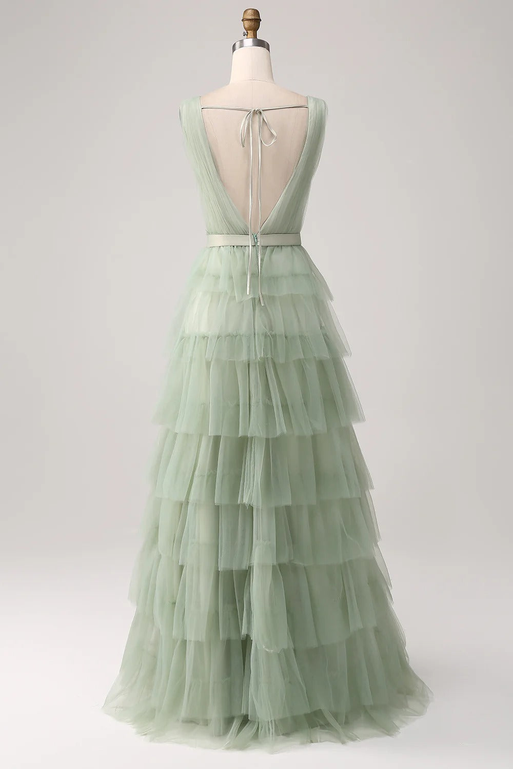 HEULORIA Sage Green Tiered Tulle V-Neck Evening Gown - Deep V-Back Formal Dress ED-267