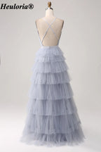 heuloria Dusty Blue V-Neck Tiered Tulle Prom Dress with Open Back ed-583