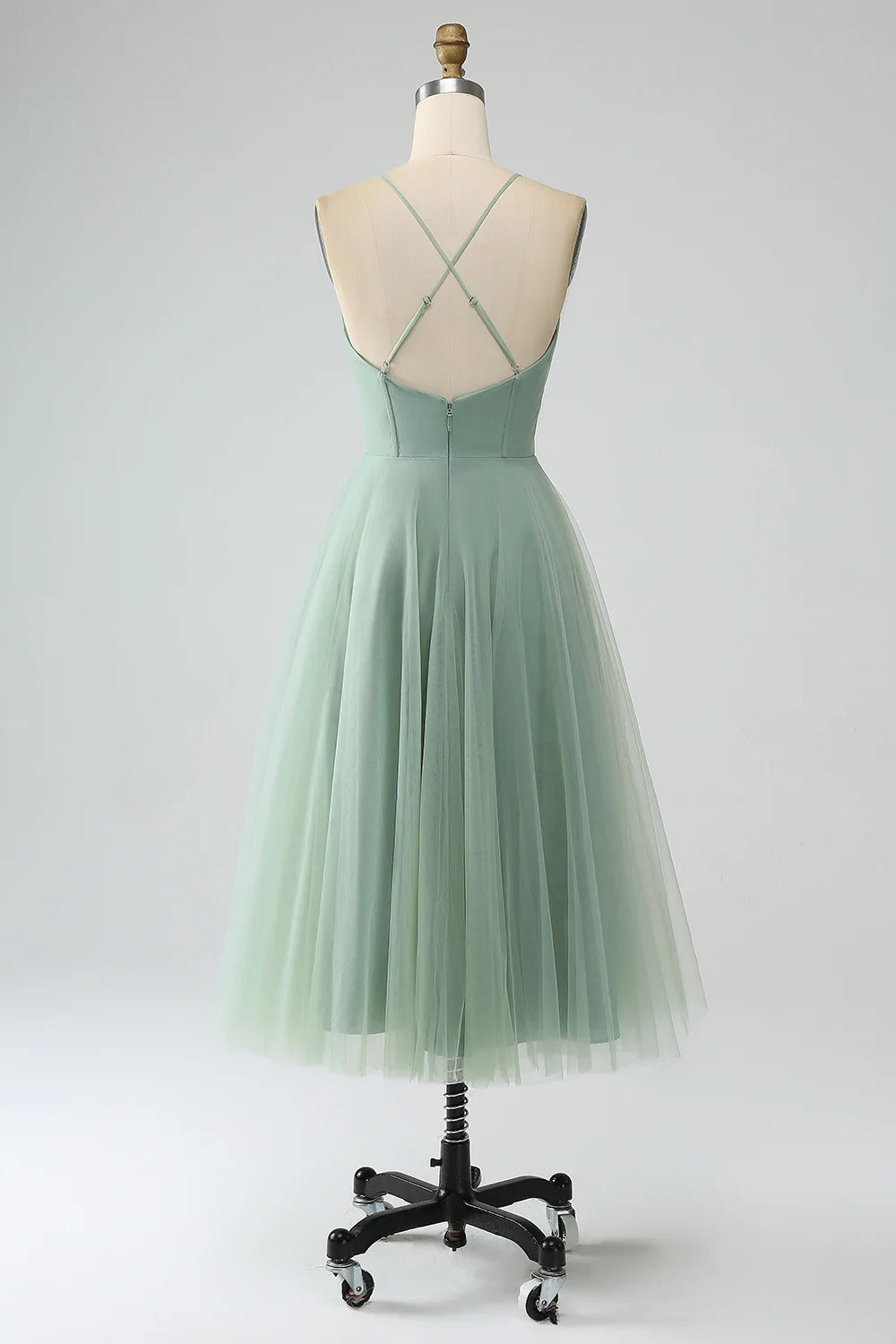 HEULORIA Sage Green Tea-Length Tulle Formal Dress - Frill Sweetheart Neckline & Corset Bodice Bridesmaid dresses ED-266