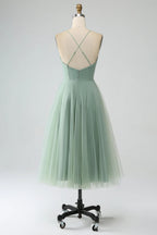 HEULORIA Sage Green Tea-Length Tulle Formal Dress - Frill Sweetheart Neckline & Corset Bodice Bridesmaid dresses ED-266