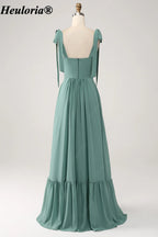 heuloria Eucalyptus Square Neck Bridesmaid Dress with Bow Straps and Ruffle Hem ed-535