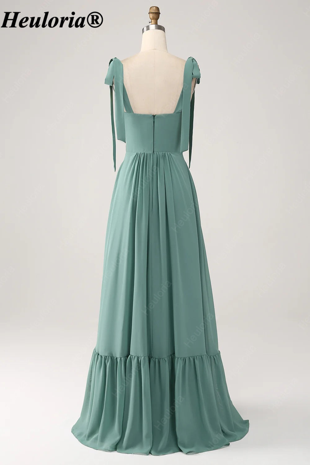 heuloria Eucalyptus Square Neck Bridesmaid Dress with Bow Straps and Ruffle Hem ed-535