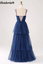 heuloria Navy Ruched Tiered Tulle A-Line Dress with Lace-Up Back-ed-548