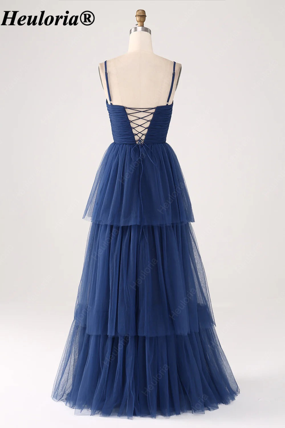 heuloria Navy Ruched Tiered Tulle A-Line Dress with Lace-Up Back-ed-548