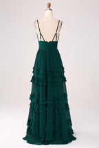 HEULORIA Dark Green Deep V-Neck Tiered Ruffle Chiffon Maxi Dress - Elegant Evening Gown ED-242