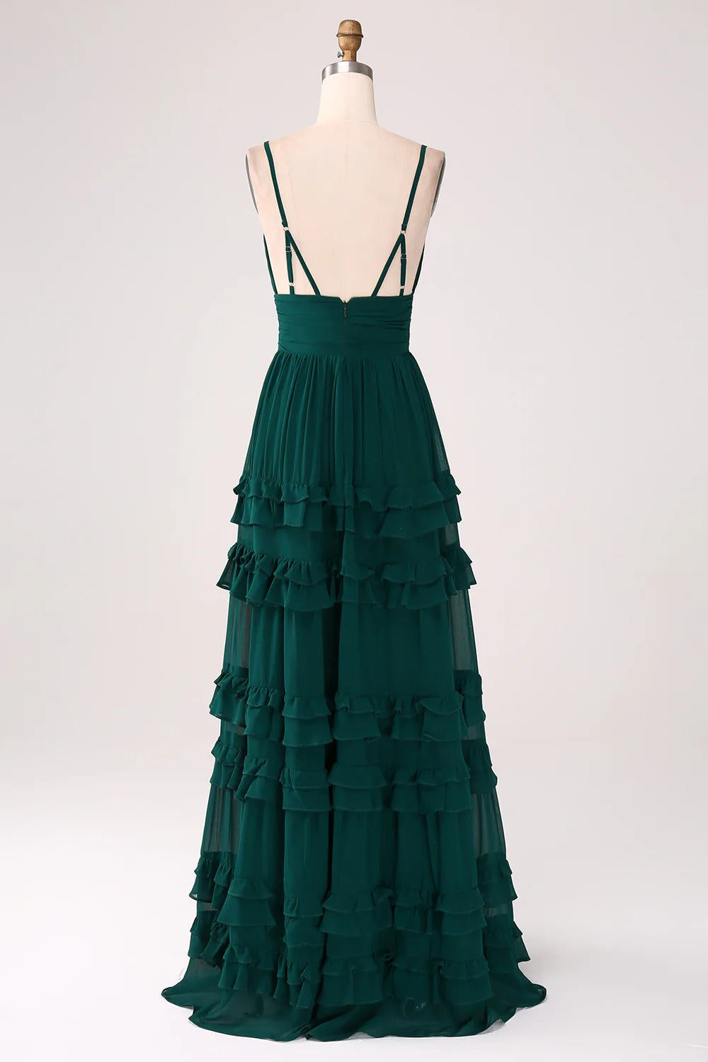 HEULORIA Dark Green Deep V-Neck Tiered Ruffle Chiffon Maxi Dress - Elegant Evening Gown ED-242