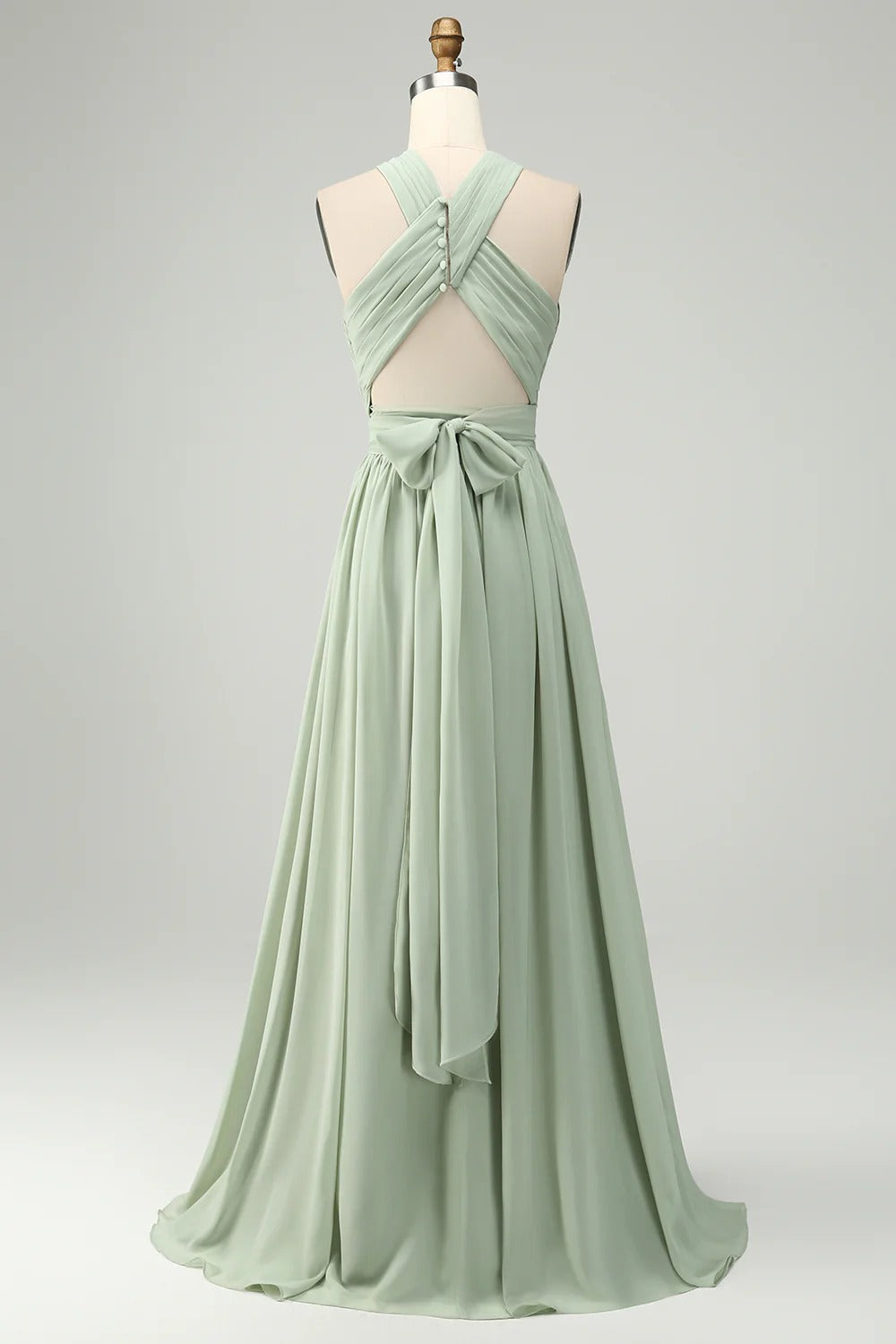 HEULORIA Dusty Sage Chiffon Criss-Cross Halter Bridesmaid Dress with Front Slit and Bow Back ED-256