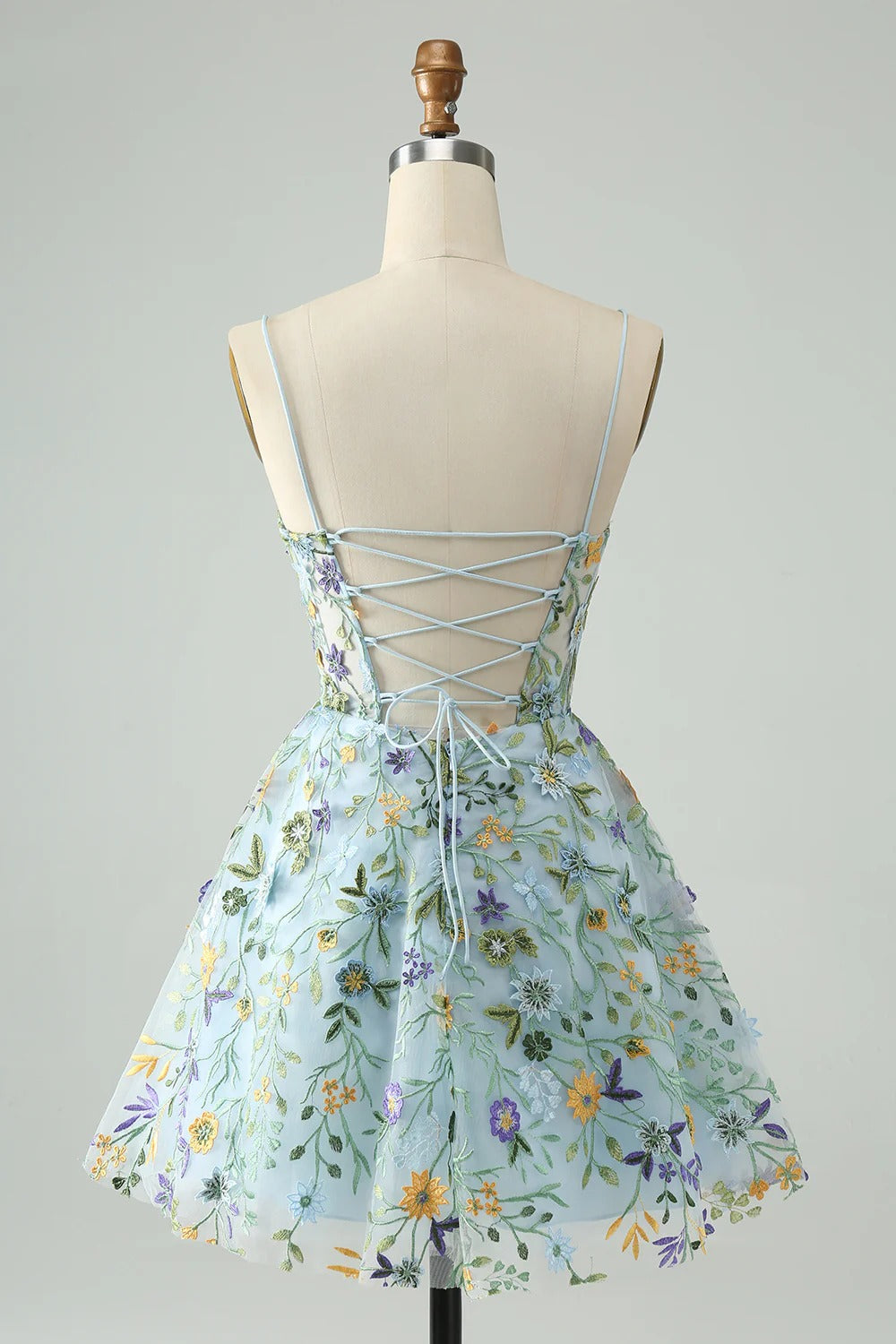 HEULORIA Enchanted Garden Sky Blue Floral Embroidered Short Homecoming Dress - Lace-up Back A-Line Mini Party Gown ED-590