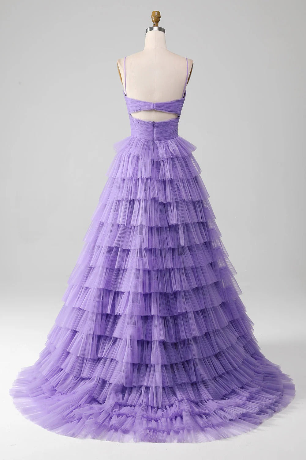 Heuloria Lavender Ethereal Tiered Tulle Evening Gown - Twisted Cut-out Sweetheart Neckline & Spaghetti Straps ED-239