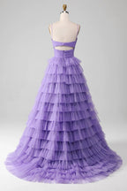 Heuloria Lavender Ethereal Tiered Tulle Evening Gown - Twisted Cut-out Sweetheart Neckline & Spaghetti Straps ED-239