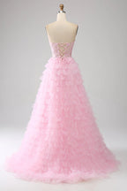 HEULORIA Enchanting Pink Tiered Ruffle Prom Dress - Sweetheart Strapless Lace-Up Ball Gown ED-355