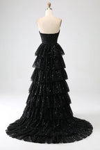 HEULORIA Sparkling Black Sequin Tiered Evening Gown - Strapless Layered Tulle Formal Dress ED-234