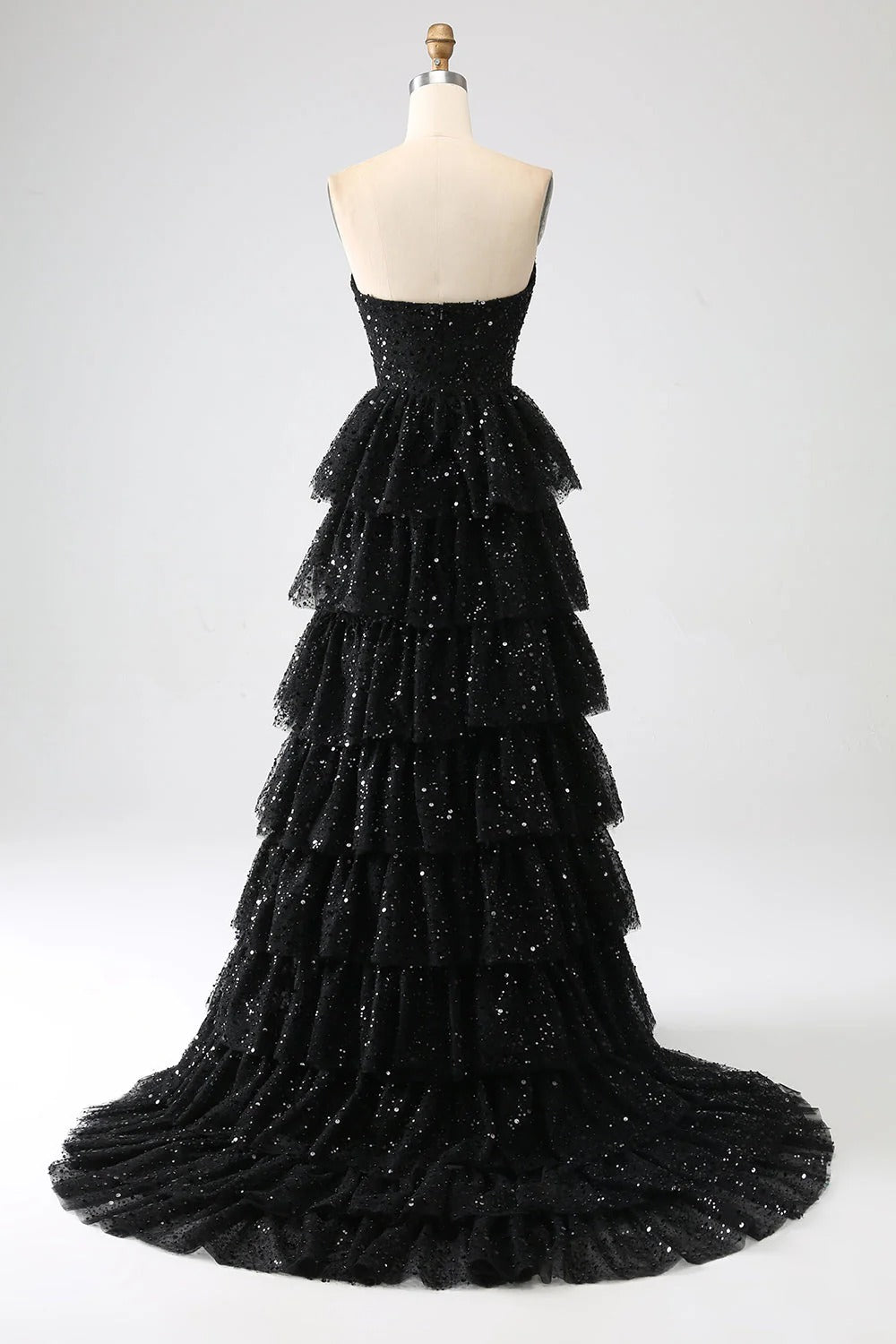 HEULORIA Sparkling Black Sequin Tiered Evening Gown - Strapless Layered Tulle Formal Dress ED-234