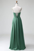 HEULORIA Eucalyptus Green Satin Sweetheart Spaghetti Strap Gown - Lace-up A-Line Formal Dress ED-263