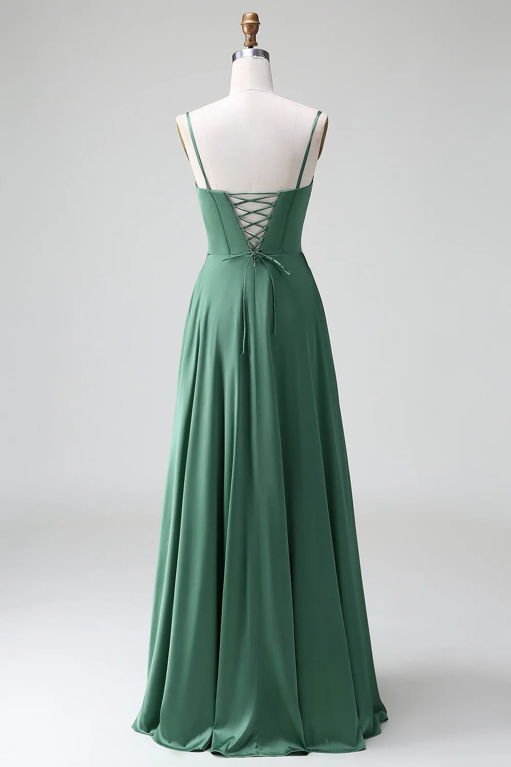HEULORIA Eucalyptus Green Satin Sweetheart Spaghetti Strap Gown - Lace-up A-Line Formal Dress ED-263