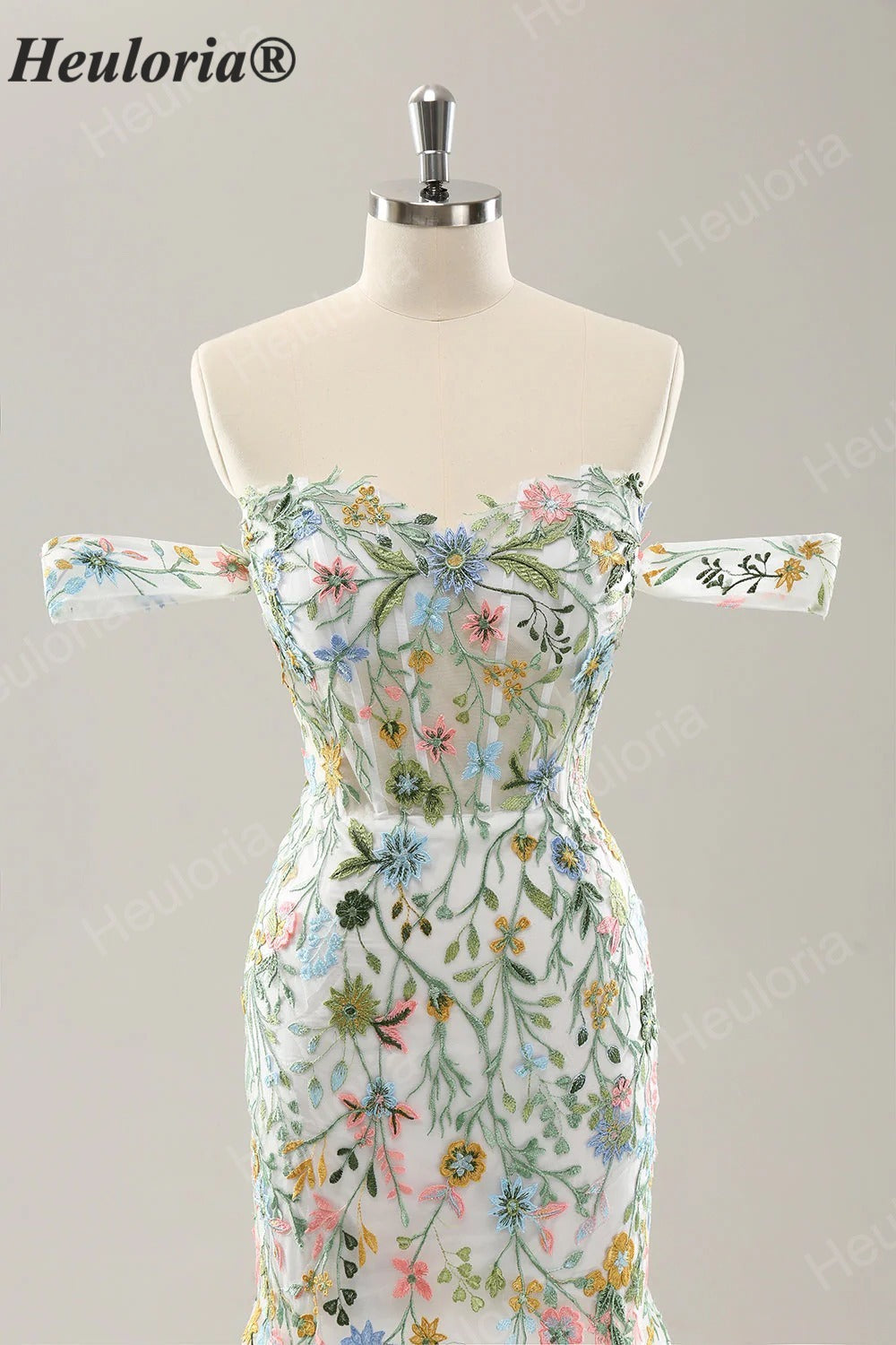 Heuloria Multicolor Floral Embroidered Off-the-Shoulder Tulle Mermaid Evening Dress ED-612