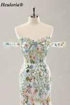 Heuloria Multicolor Floral Embroidered Off-the-Shoulder Tulle Mermaid Evening Dress ED-612