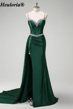 heuloria-Rhinestone Satin Corset Prom Dress with High Slit and Side Train-ed-357