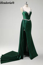 heuloria-Rhinestone Satin Corset Prom Dress with High Slit and Side Train-ed-357