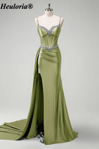 heuloria-Rhinestone Satin Corset Prom Dress with High Slit and Side Train-ed-357